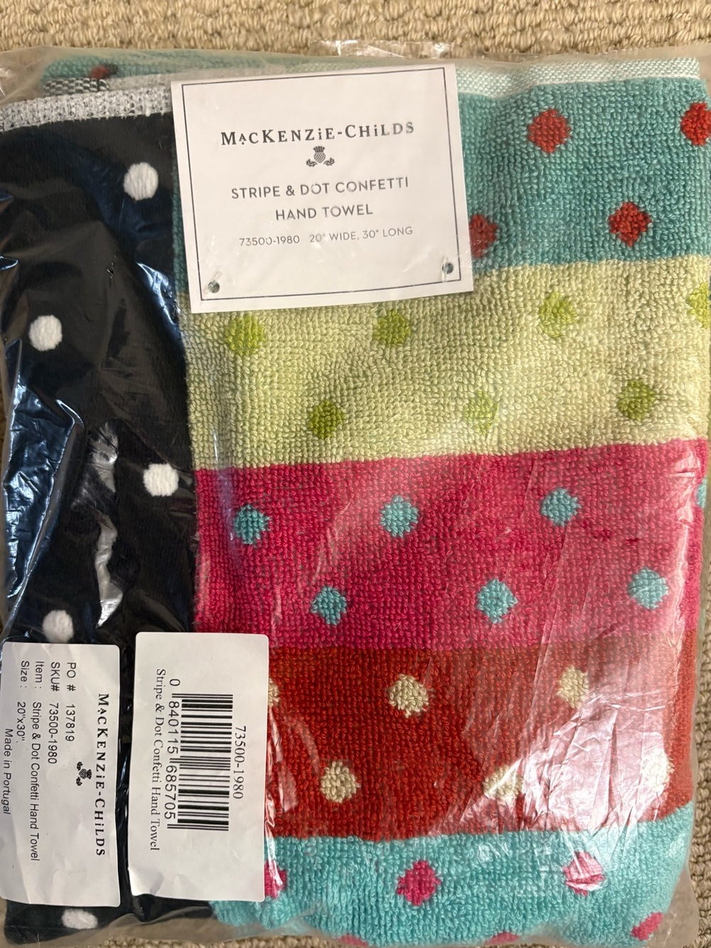 MacKenzie-Childs Hand Towel in Turquoise, Red, White and Black Confetti Stripe